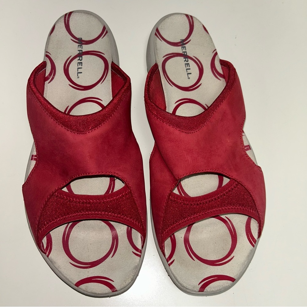 Merrell Palmetto Red Tomato Suede Slip On Slide Sandal